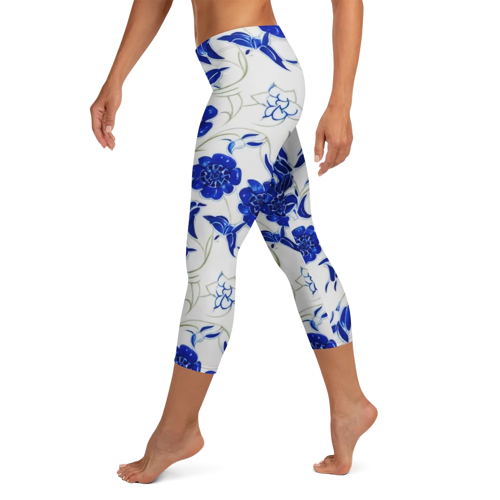 Blue Delft Bloom on Capri Leggings — Left