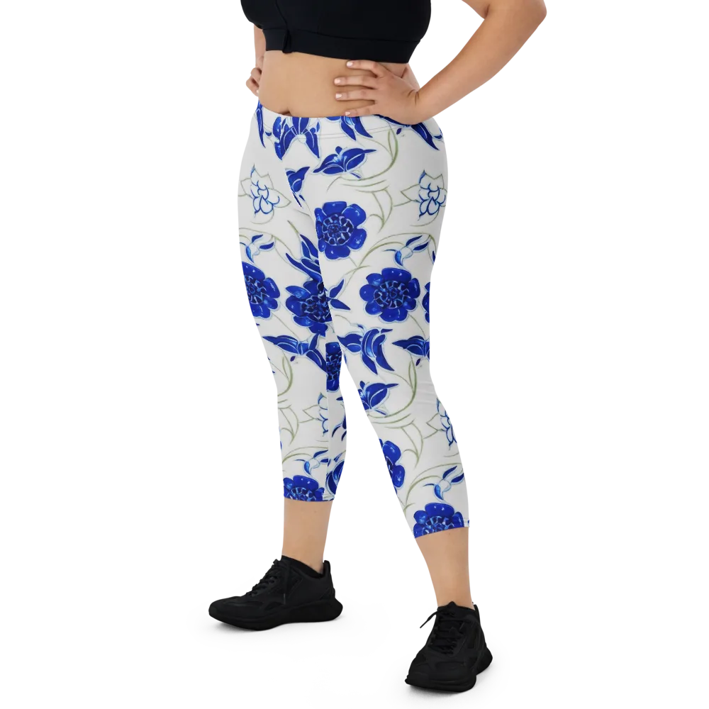 Blue Delft Bloom on Capri Leggings — Front