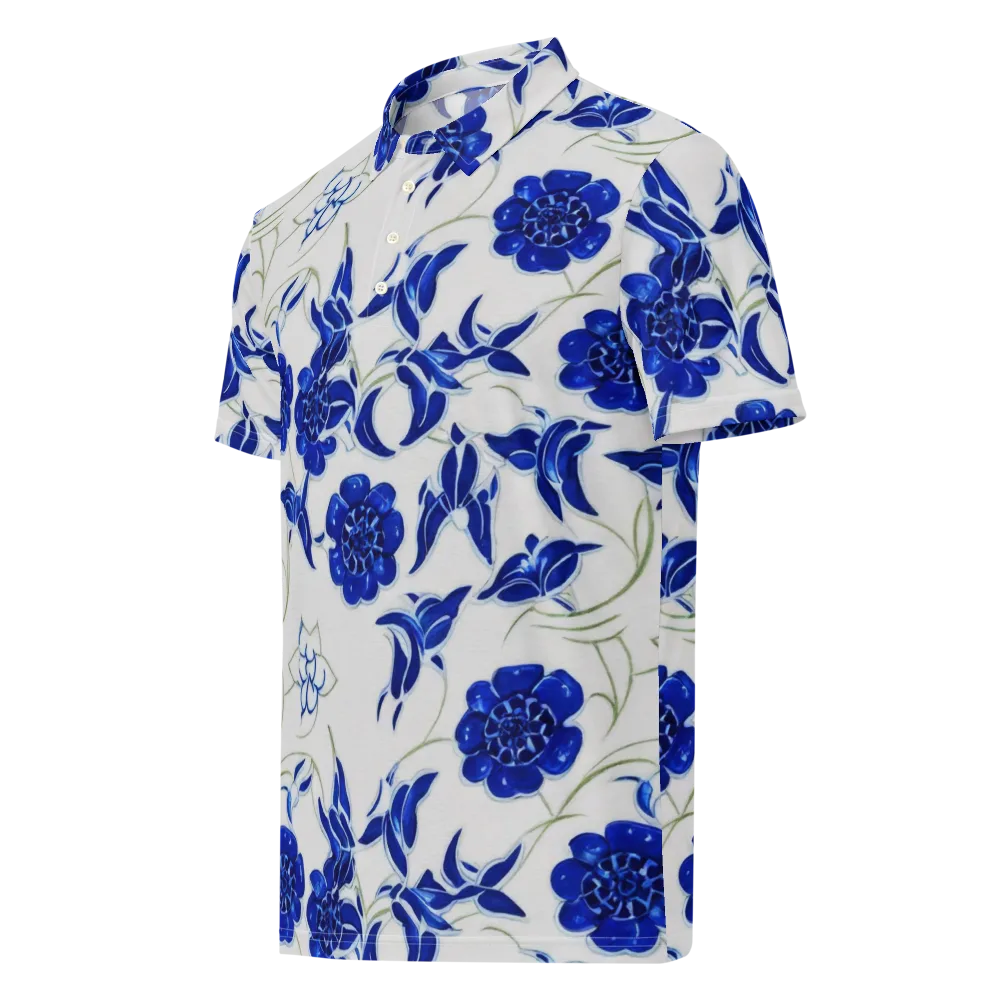 Blue Delft Bloom on Men's Slim Fit Polo Shirt — Left Front
