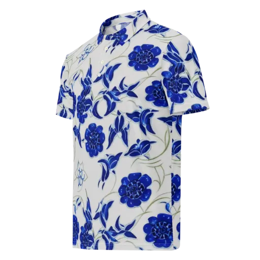 Blue Delft Bloom on a Men's Slim Fit Polo Shirt