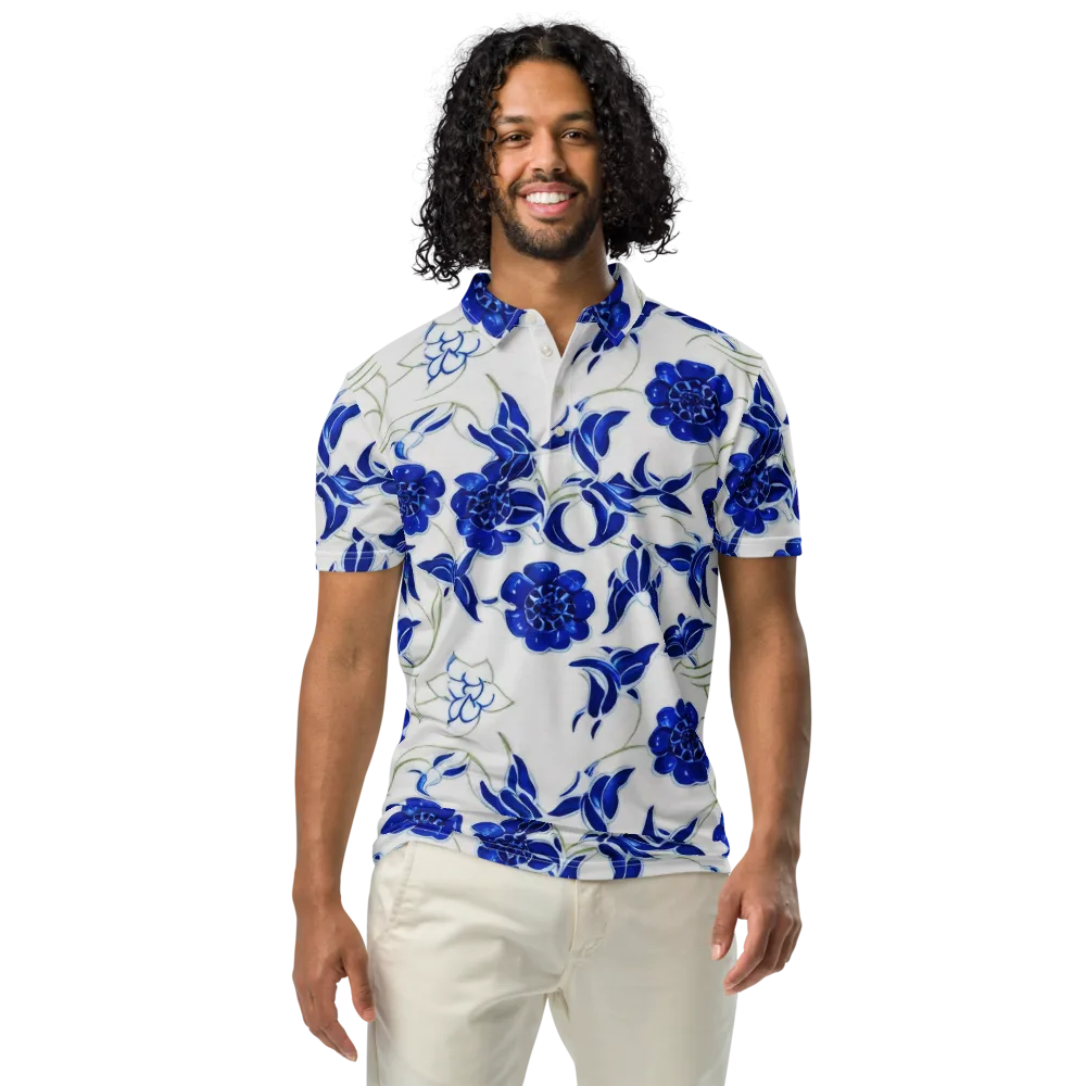 Blue Delft Bloom on Men's Slim Fit Polo Shirt — Front
