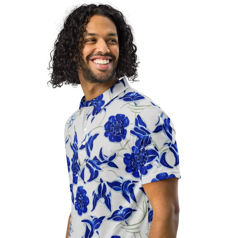Blue Delft Bloom on Men's Slim Fit Polo Shirt — Left Front