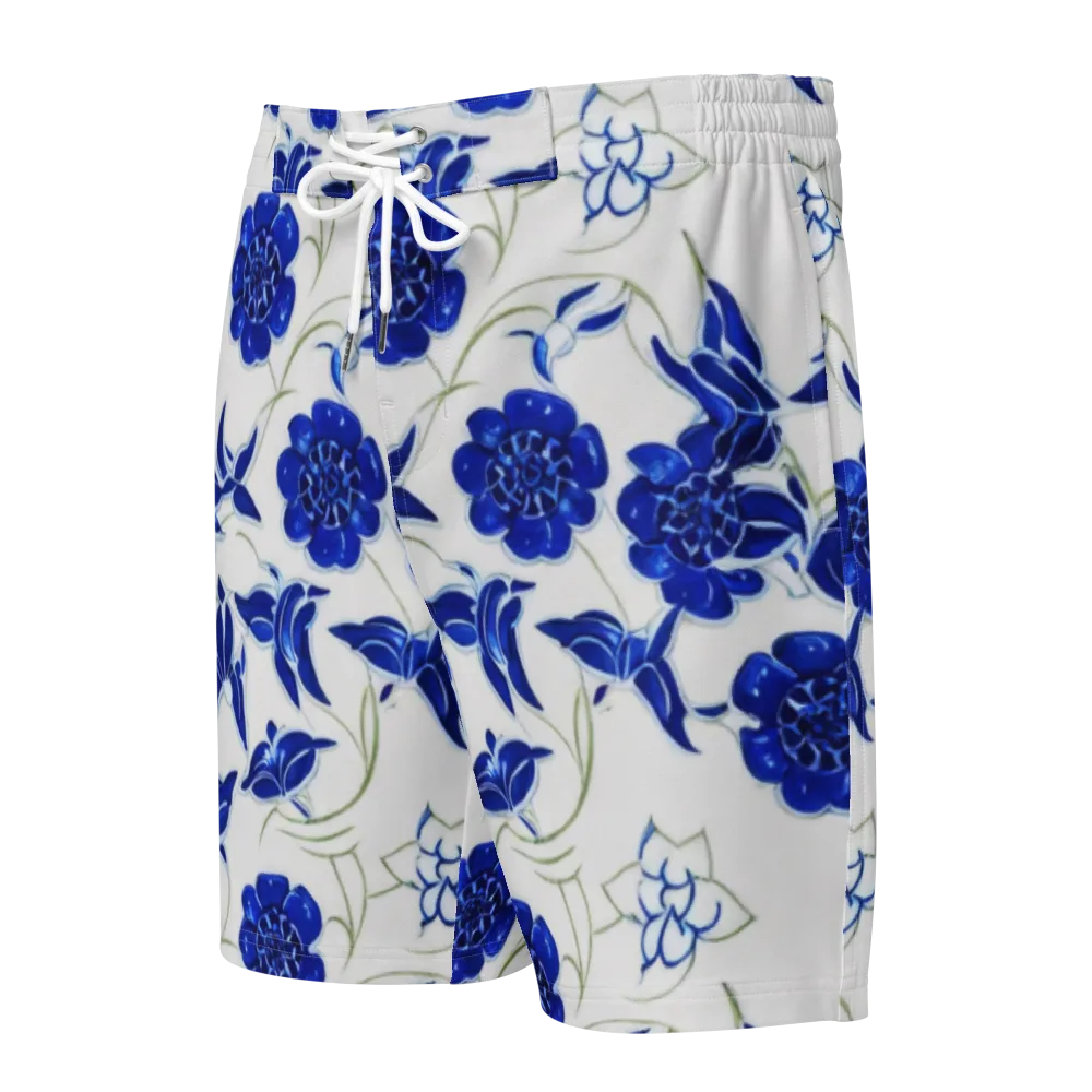 Blue Delft Bloom on Men's Board Shorts — Front