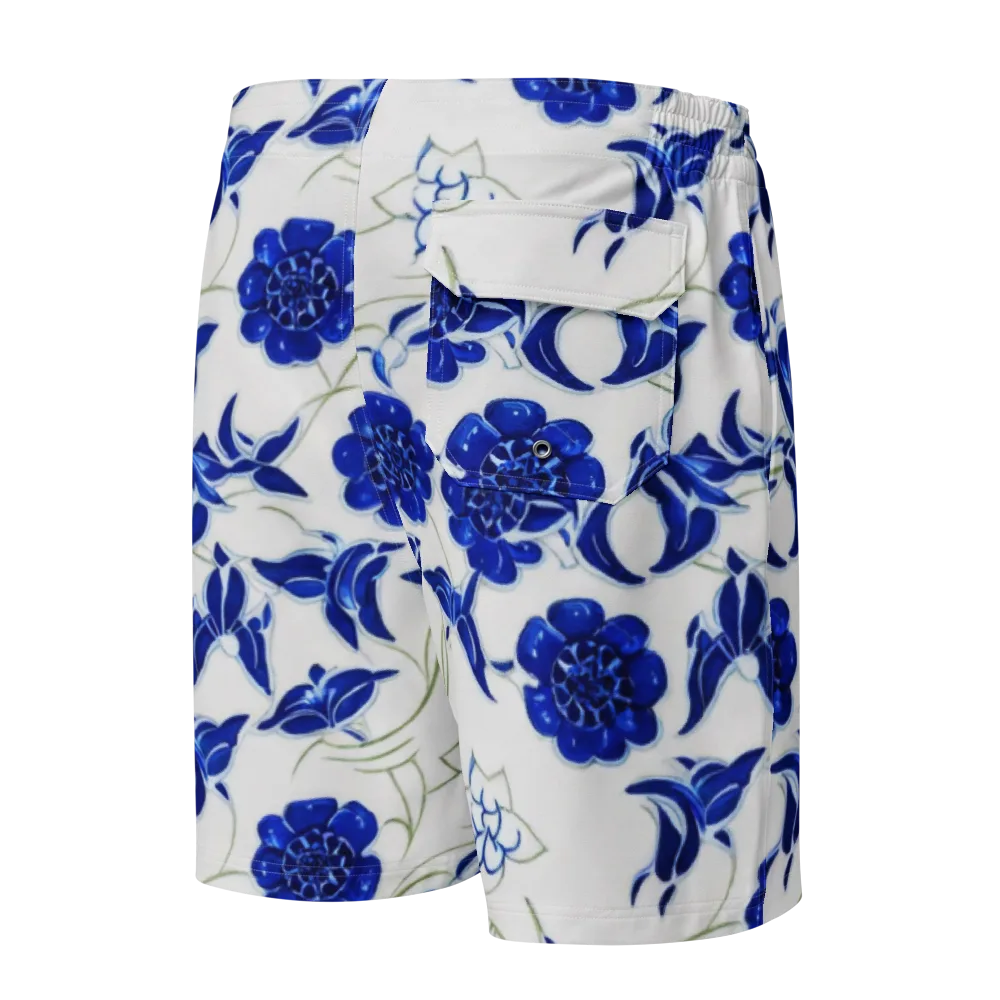 Blue Delft Bloom on Men's Board Shorts — Back