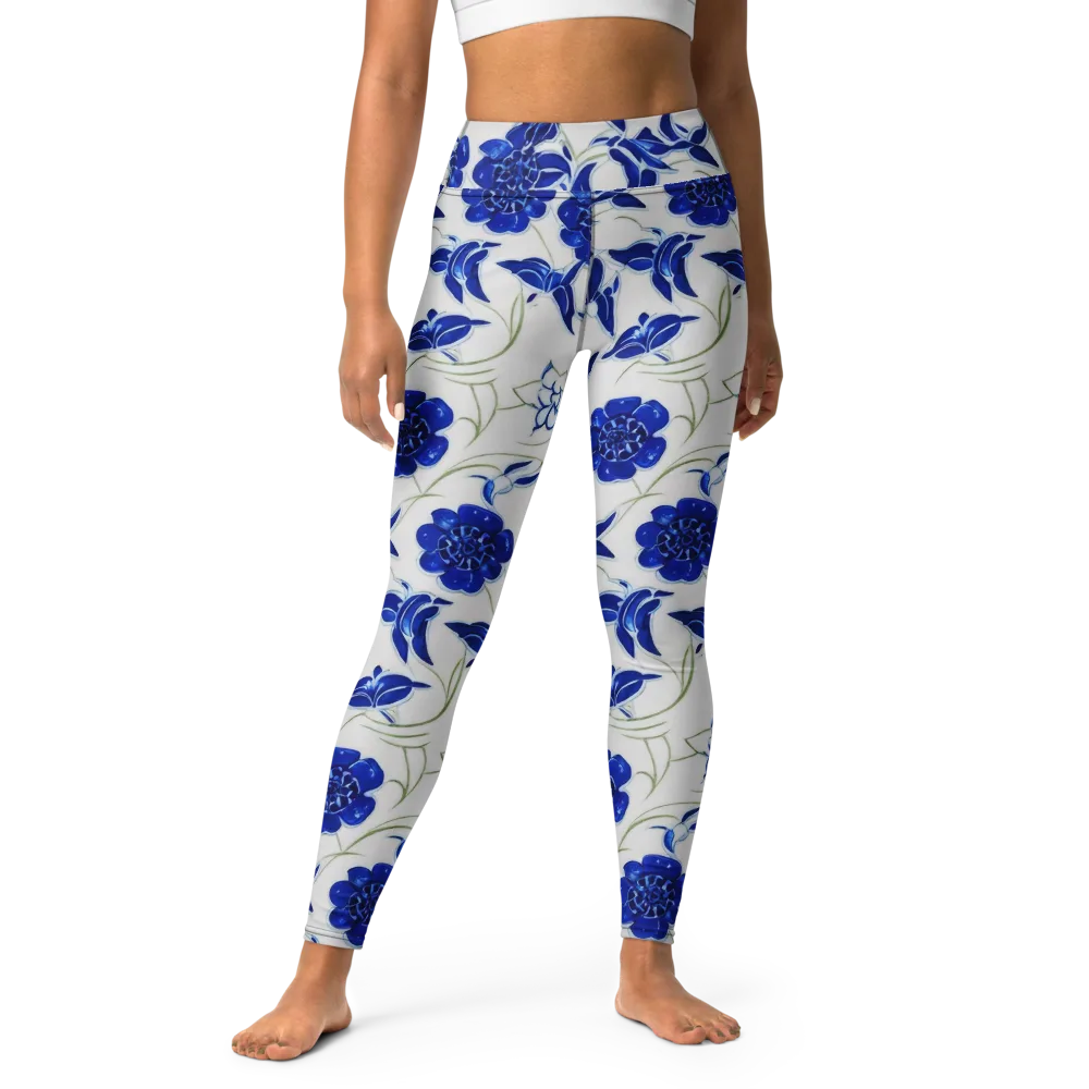 Blue Delft Bloom on Yoga Leggings — Front