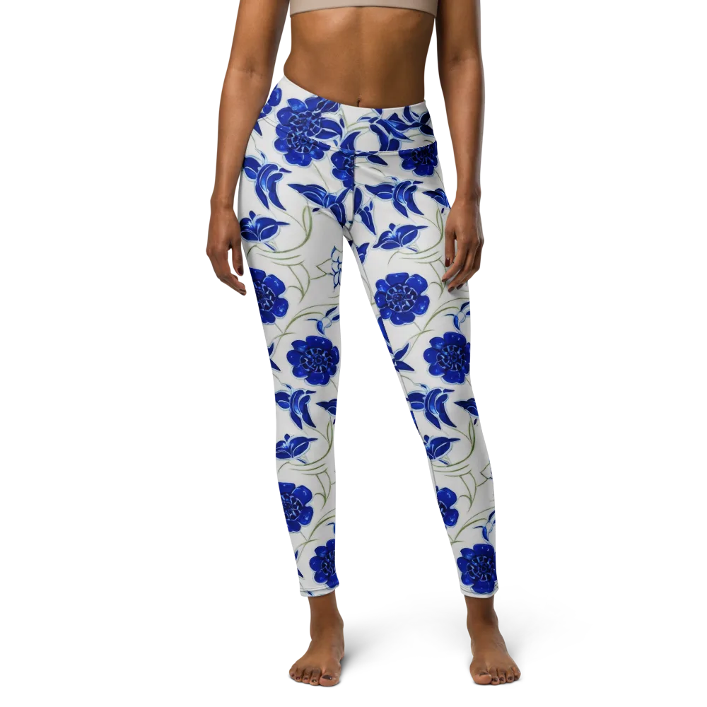 Blue Delft Bloom on Yoga Leggings — Front