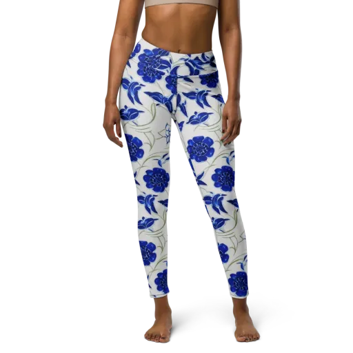 Blue Delft Bloom on a Yoga Leggings