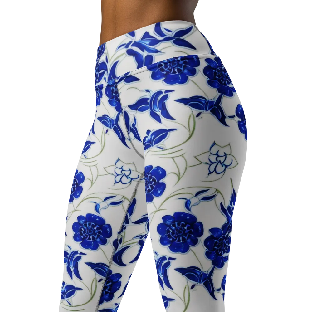Blue Delft Bloom on Yoga Leggings — Left Front