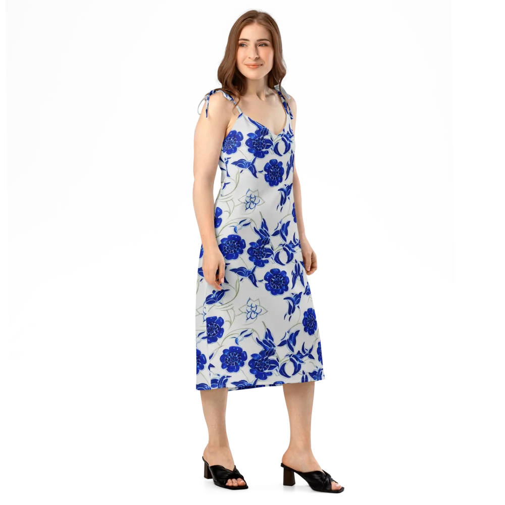 Blue Delft Bloom on Slip Dress — Right Front
