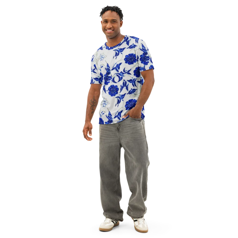 Blue Delft Bloom on Men's Cotton Crew Neck T-Shirt — Front