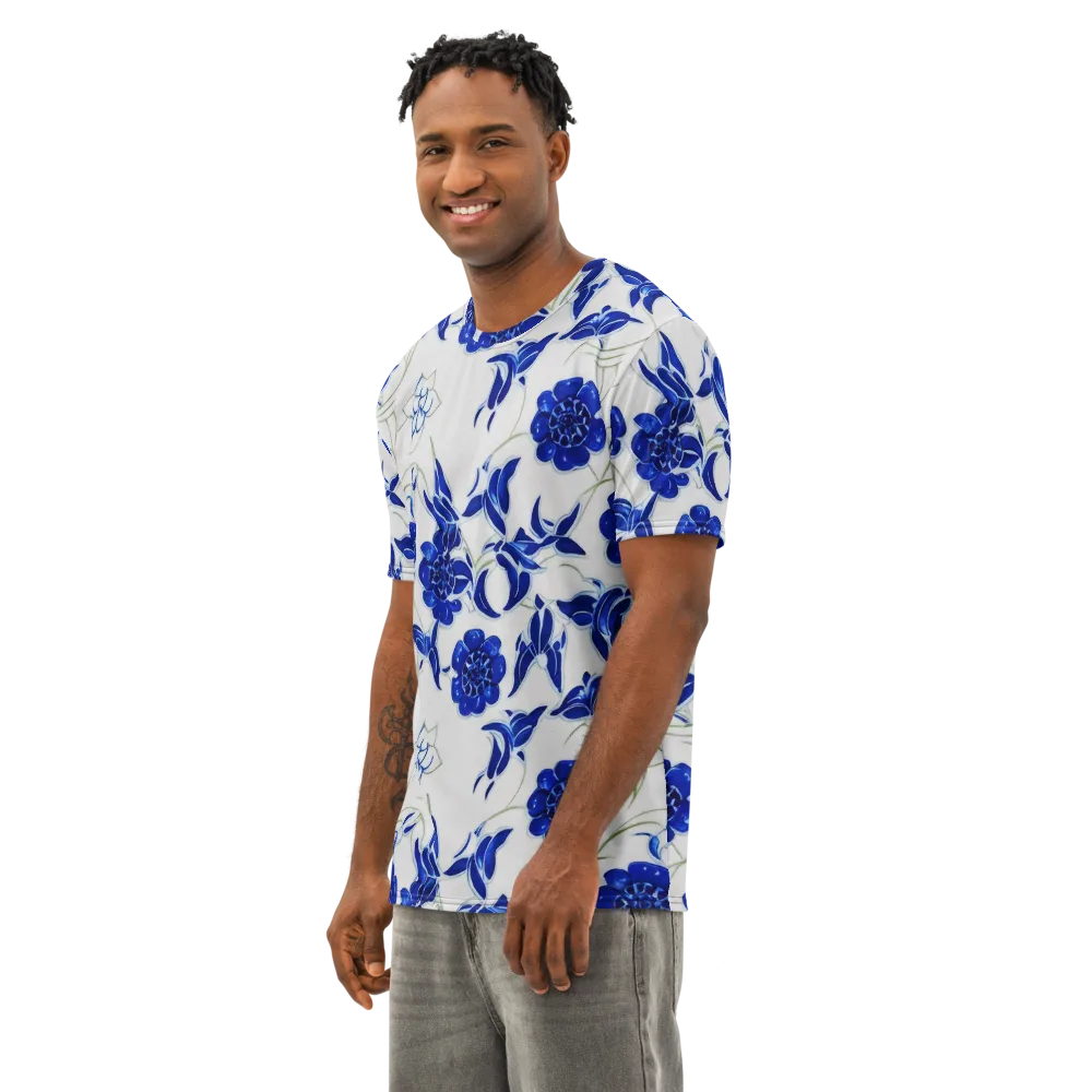 Blue Delft Bloom on Men's Cotton Crew Neck T-Shirt — Left Front