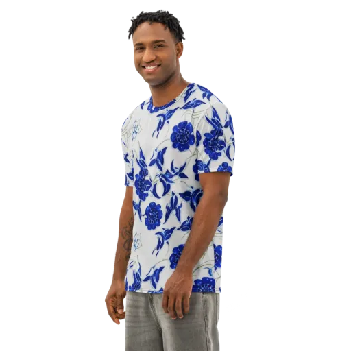 Blue Delft Bloom on a Men's Cotton Crew Neck T-Shirt