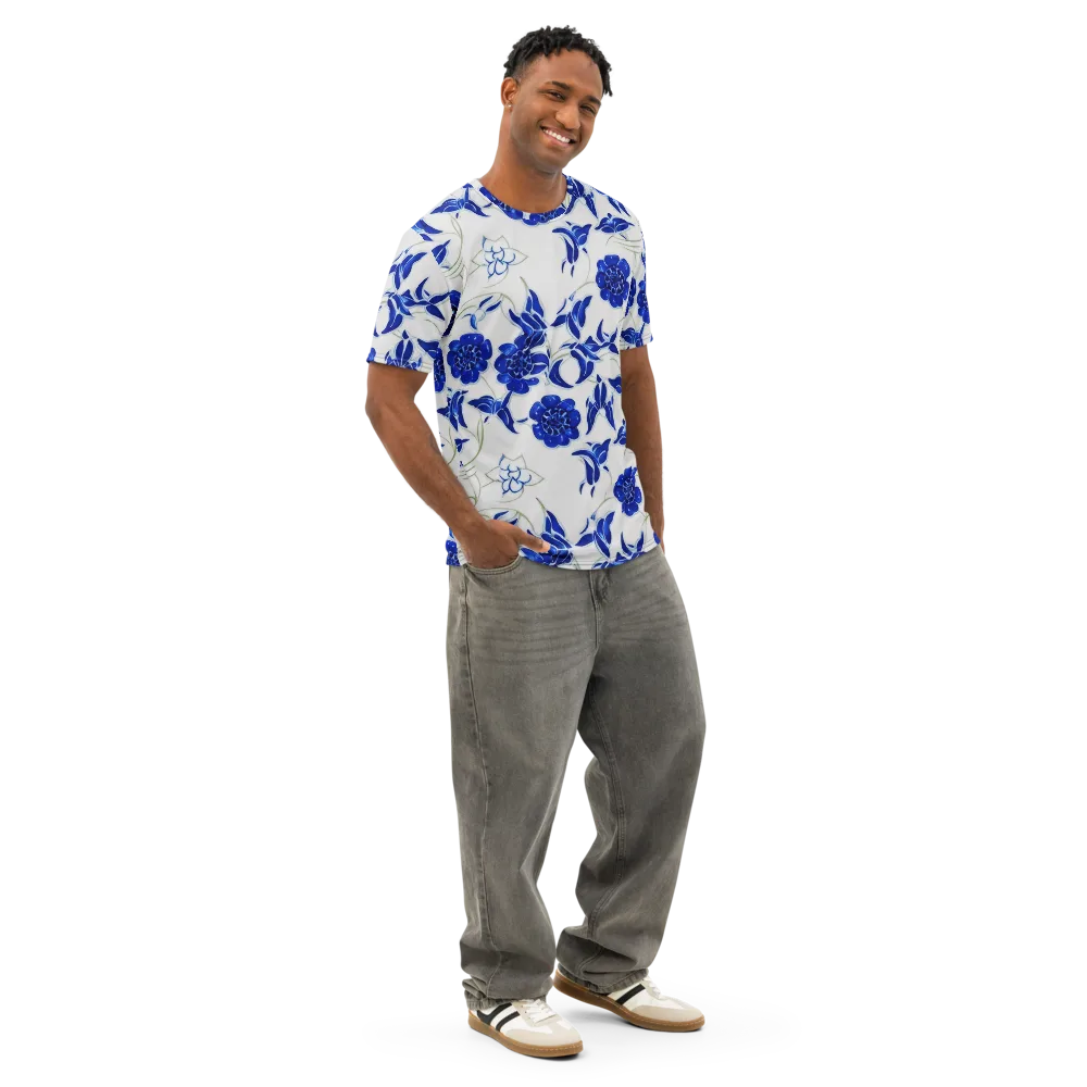 Blue Delft Bloom on Men's Cotton Crew Neck T-Shirt — Right Front