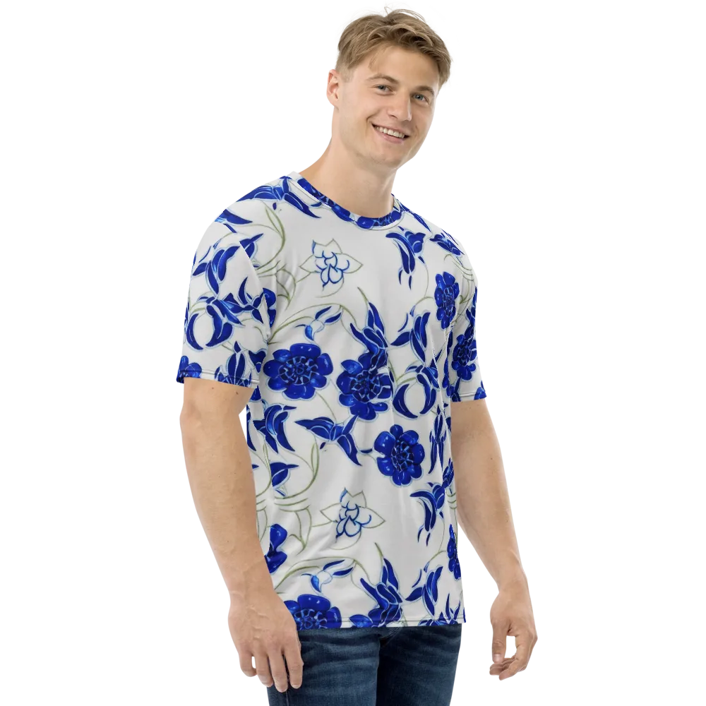 Blue Delft Bloom on Men's Crew Neck T-Shirt — Right