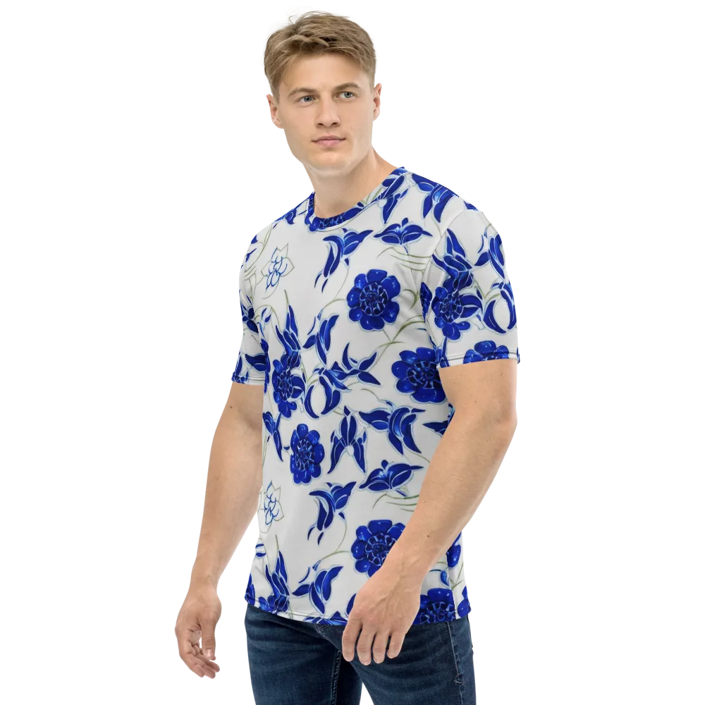 Blue Delft Bloom on Men's Crew Neck T-Shirt — Left