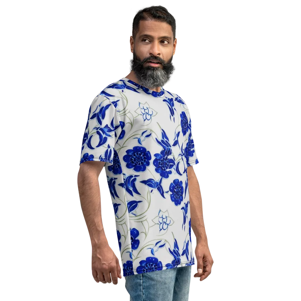 Blue Delft Bloom on Men's Crew Neck T-Shirt — Right