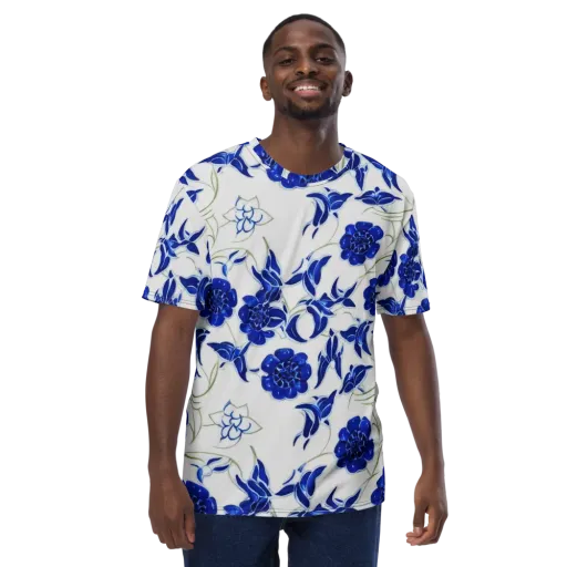 Blue Delft Bloom on a Men's Crew Neck T-Shirt