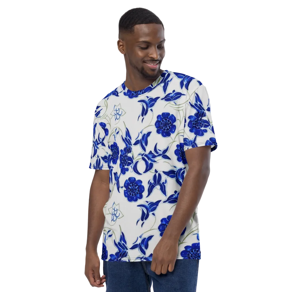 Blue Delft Bloom on Men's Crew Neck T-Shirt — Left