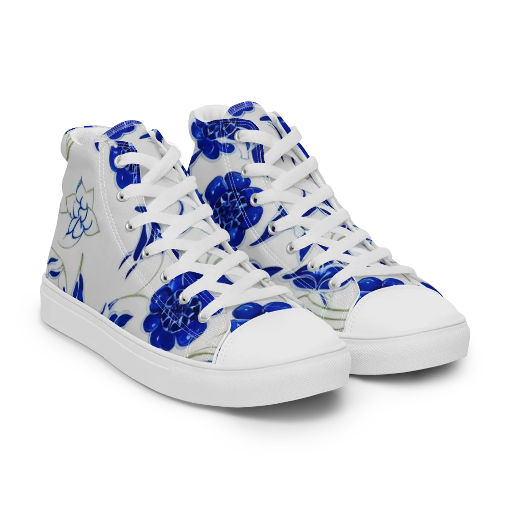 Blue Delft Bloom on Men's High Top Canvas Shoes — Right Front