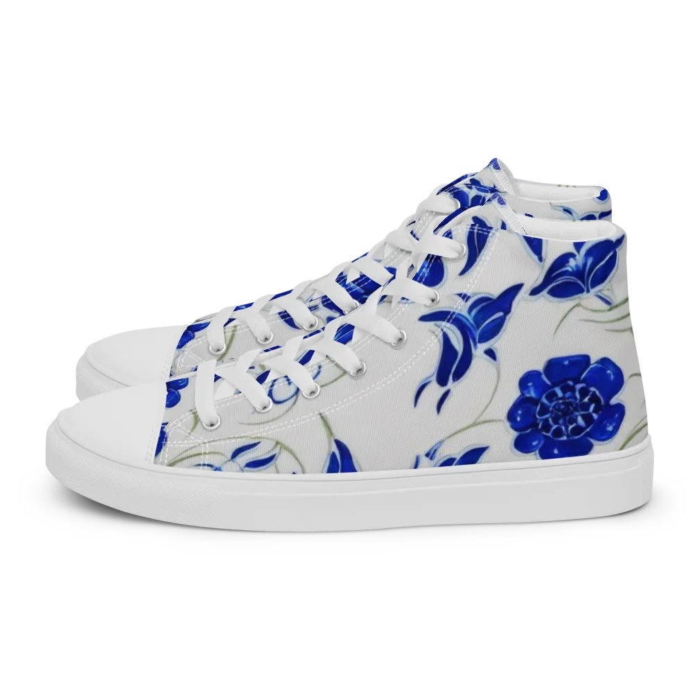 Blue Delft Bloom on Men's High Top Canvas Shoes — Left