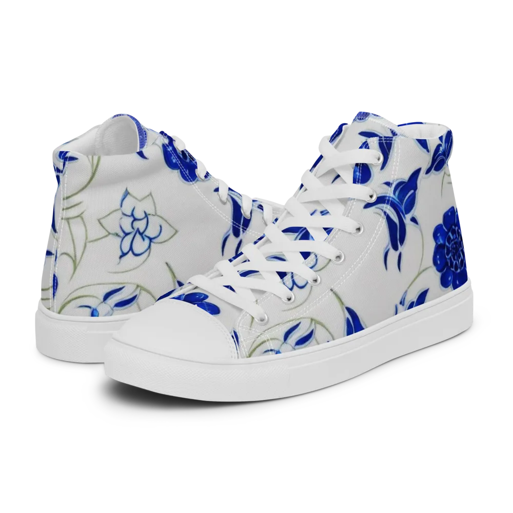 Blue Delft Bloom on Men's High Top Canvas Shoes — Left
