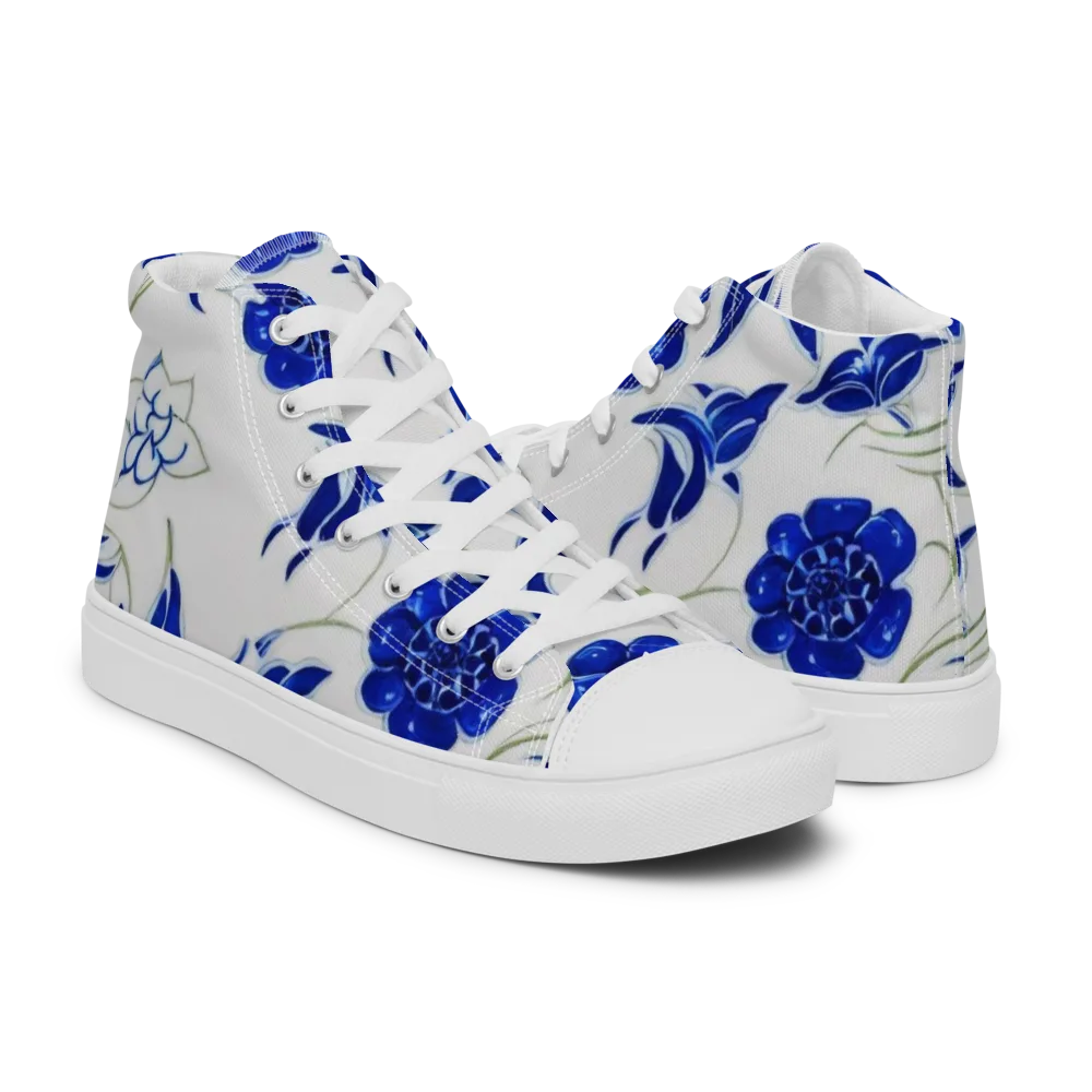 Blue Delft Bloom on Men's High Top Canvas Shoes — Right