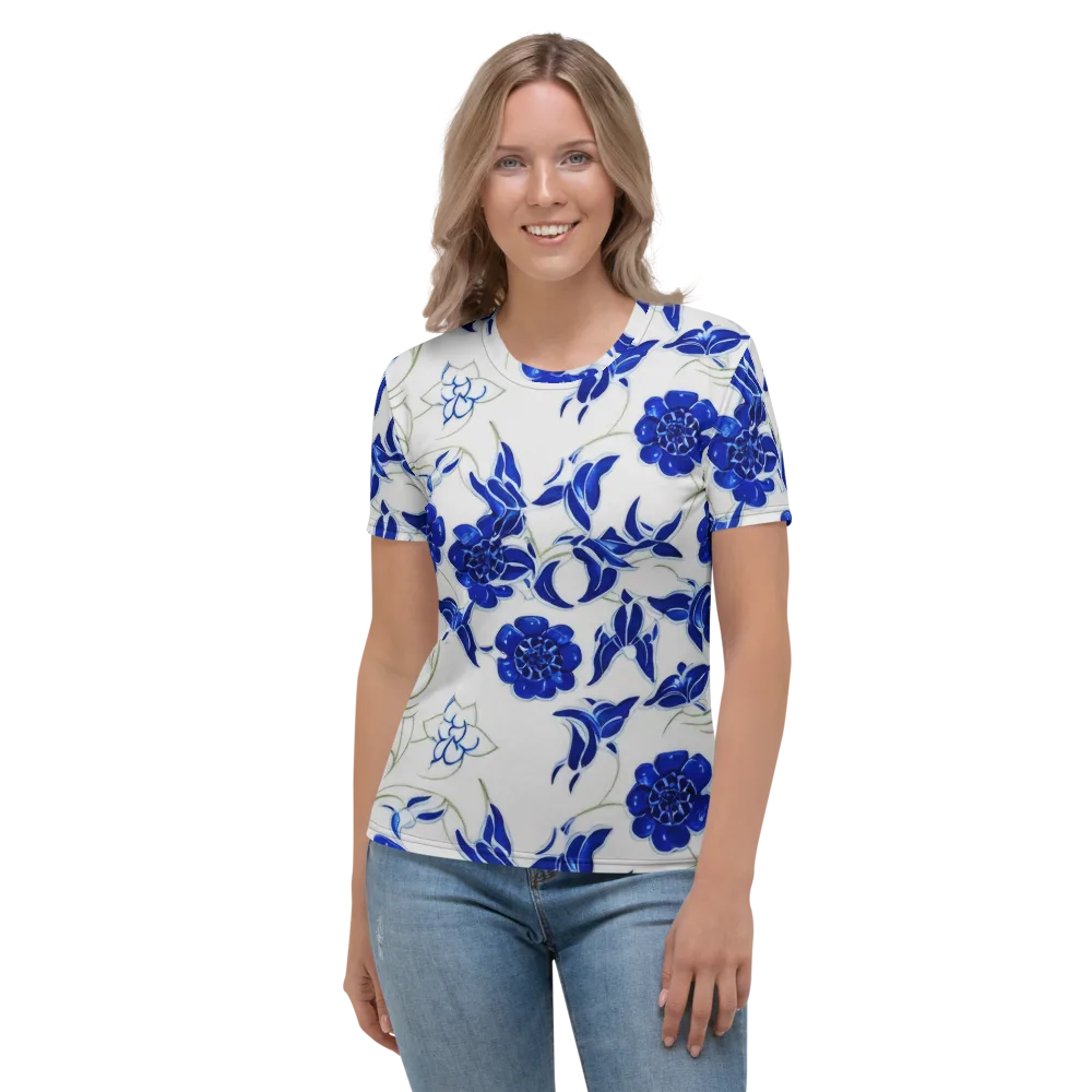 Blue Delft Bloom on Women's Crew Neck T-Shirt — Front