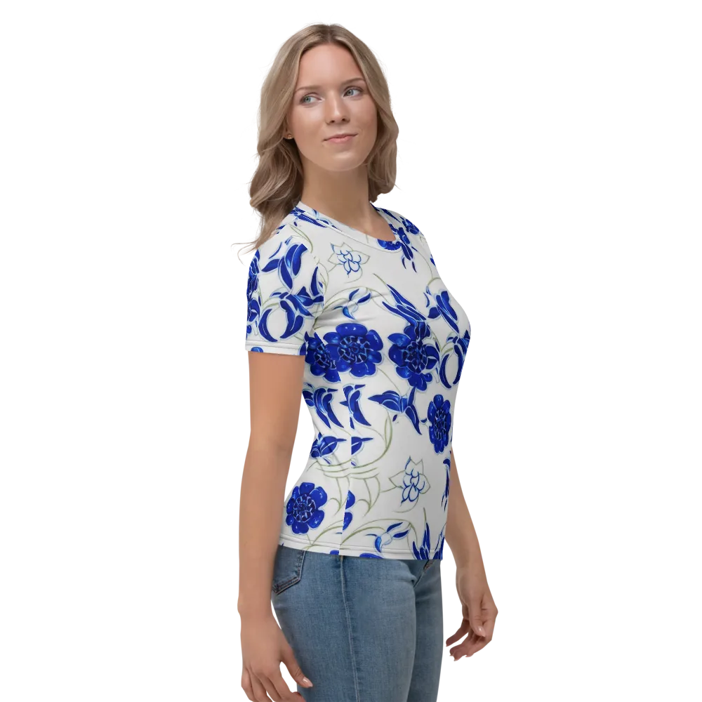 Blue Delft Bloom on Women's Crew Neck T-Shirt — Right