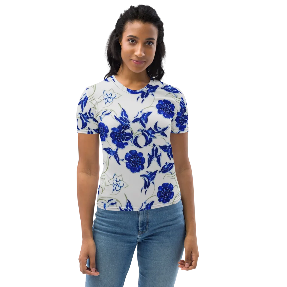 Blue Delft Bloom on Women's Crew Neck T-Shirt — Front