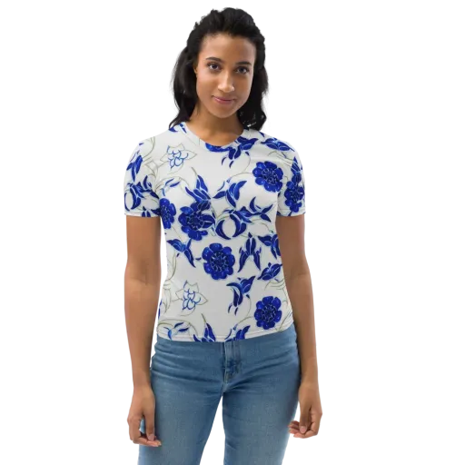 Blue Delft Bloom on a Women's Crew Neck T-Shirt