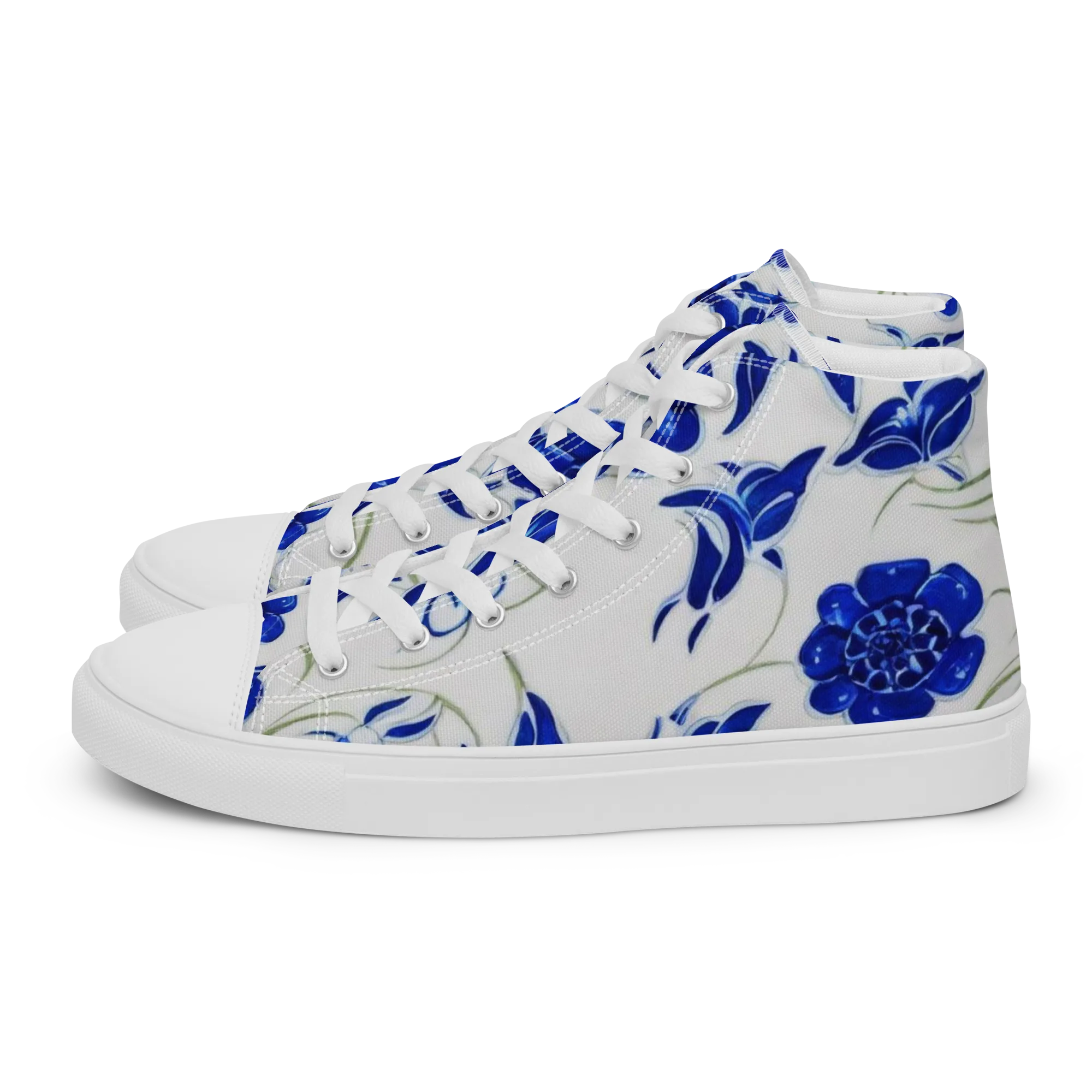 Blue Delft Bloom on Women's High Top Canvas Shoes — Left
