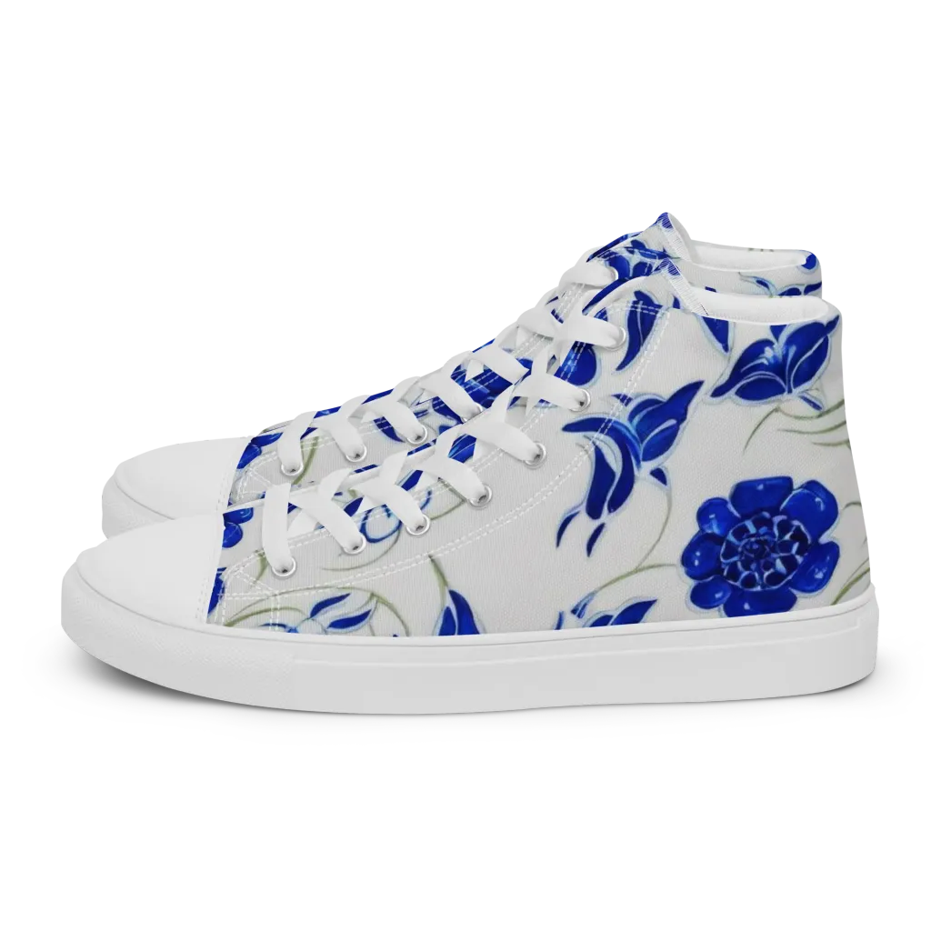 Blue Delft Bloom on Women's High Top Canvas Shoes — Left
