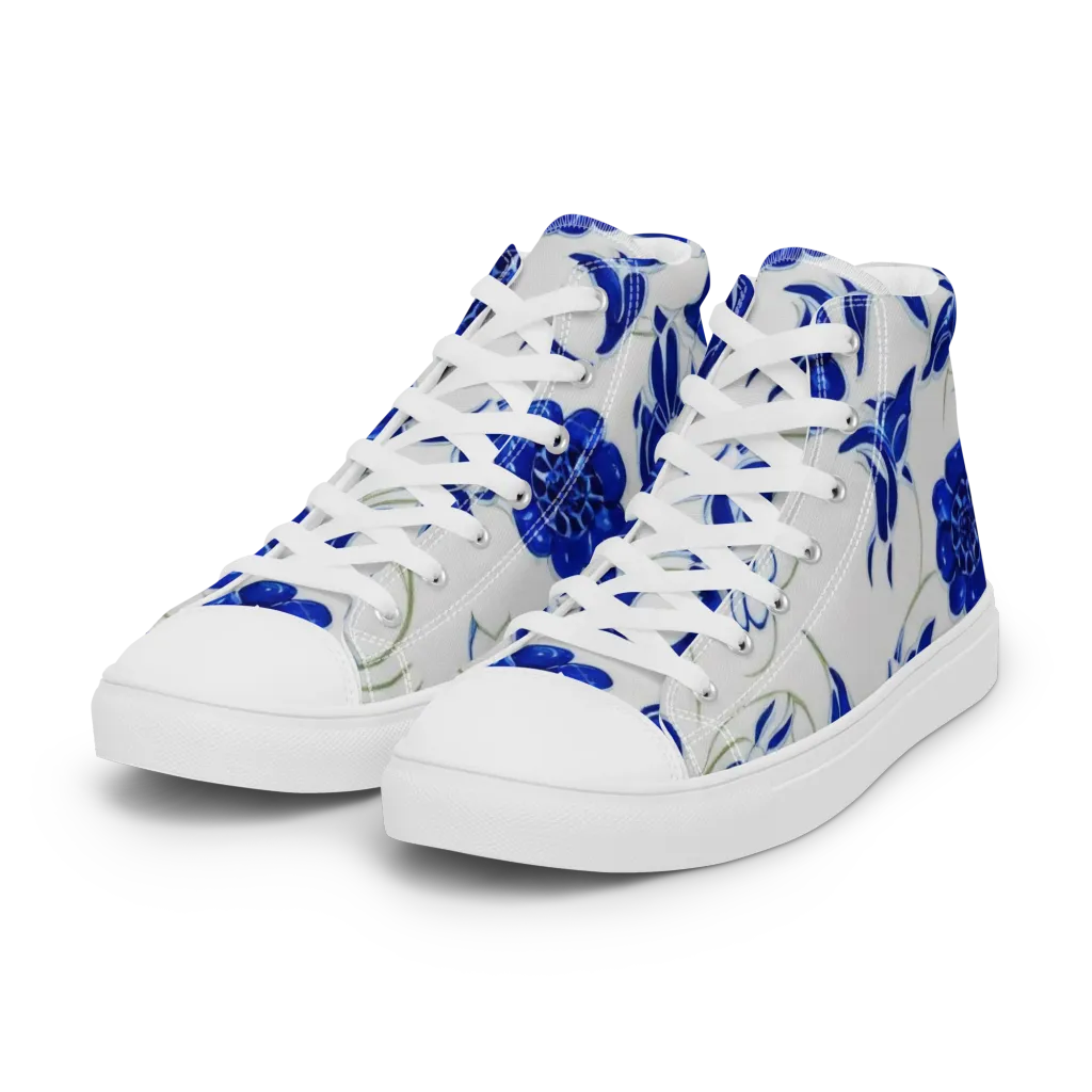 Blue Delft Bloom on Women's High Top Canvas Shoes — Left Front