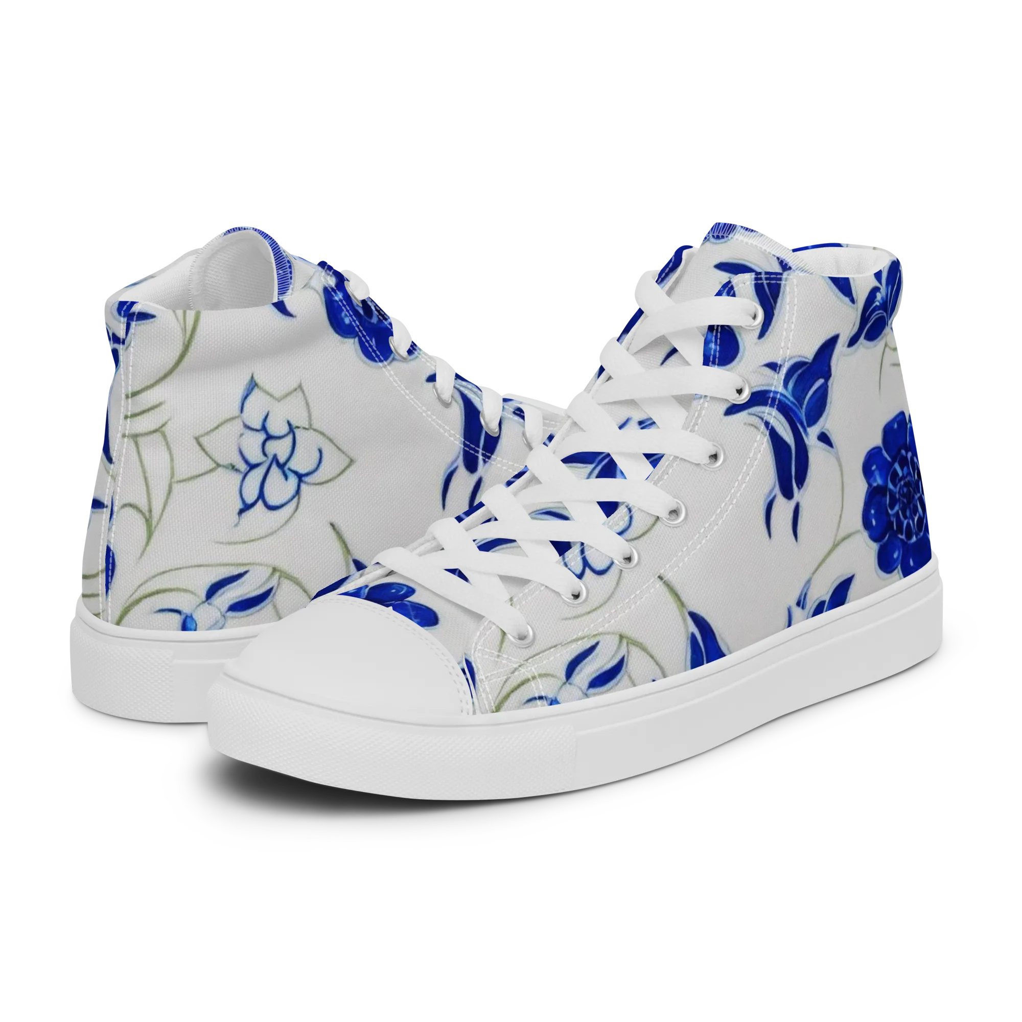 Blue Delft Bloom on Women's High Top Canvas Shoes — Left