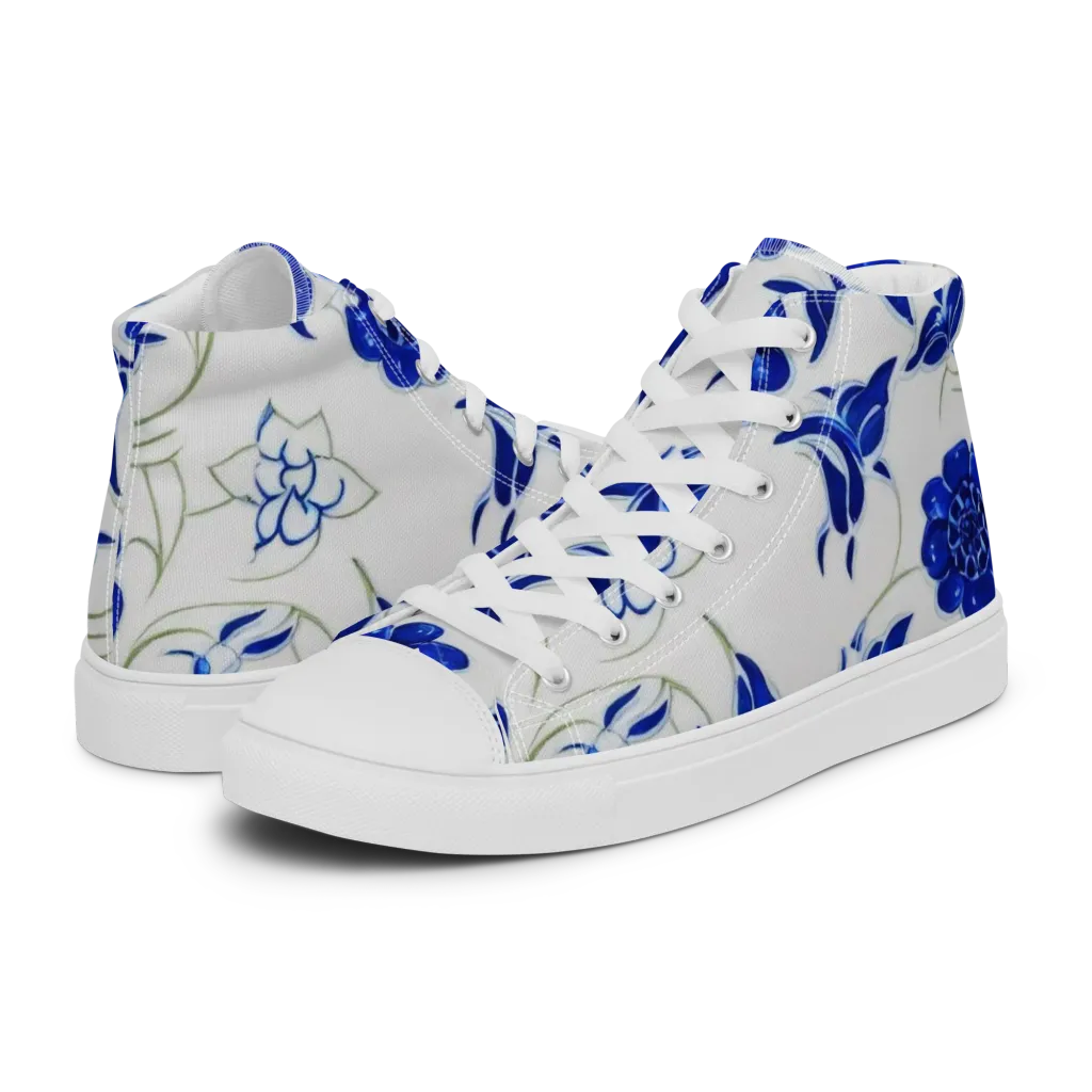 Blue Delft Bloom on Women's High Top Canvas Shoes — Left