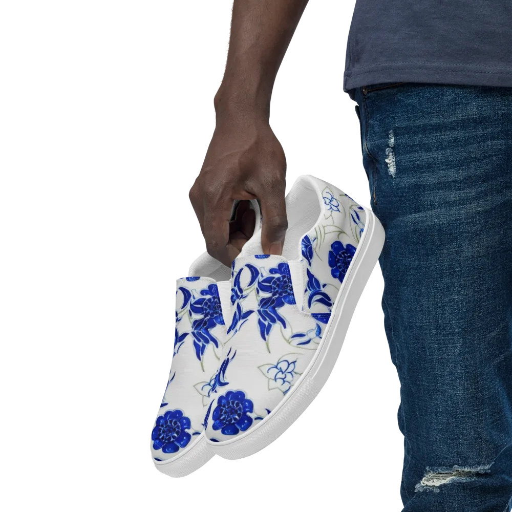 Blue Delft Bloom on Men's Slip-On Canvas Shoes — Left Front