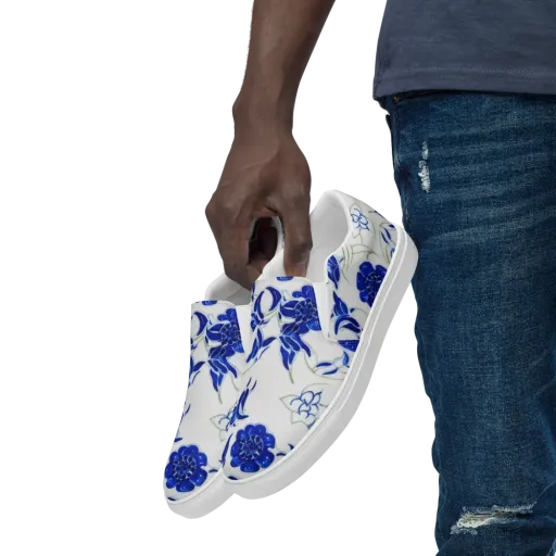 Blue Delft Bloom on a Men's Slip-On Canvas Shoes