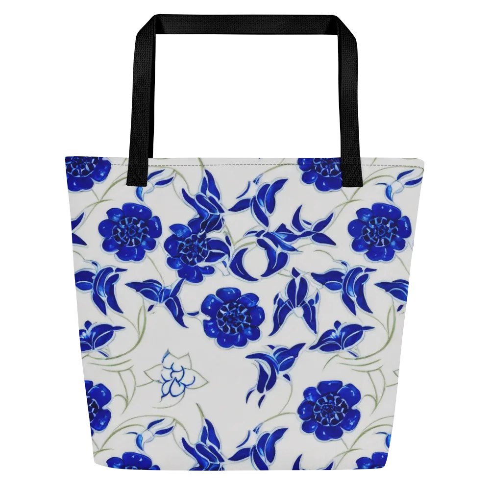 Blue Delft Bloom on Large Tote Bag W/ Pocket — Front