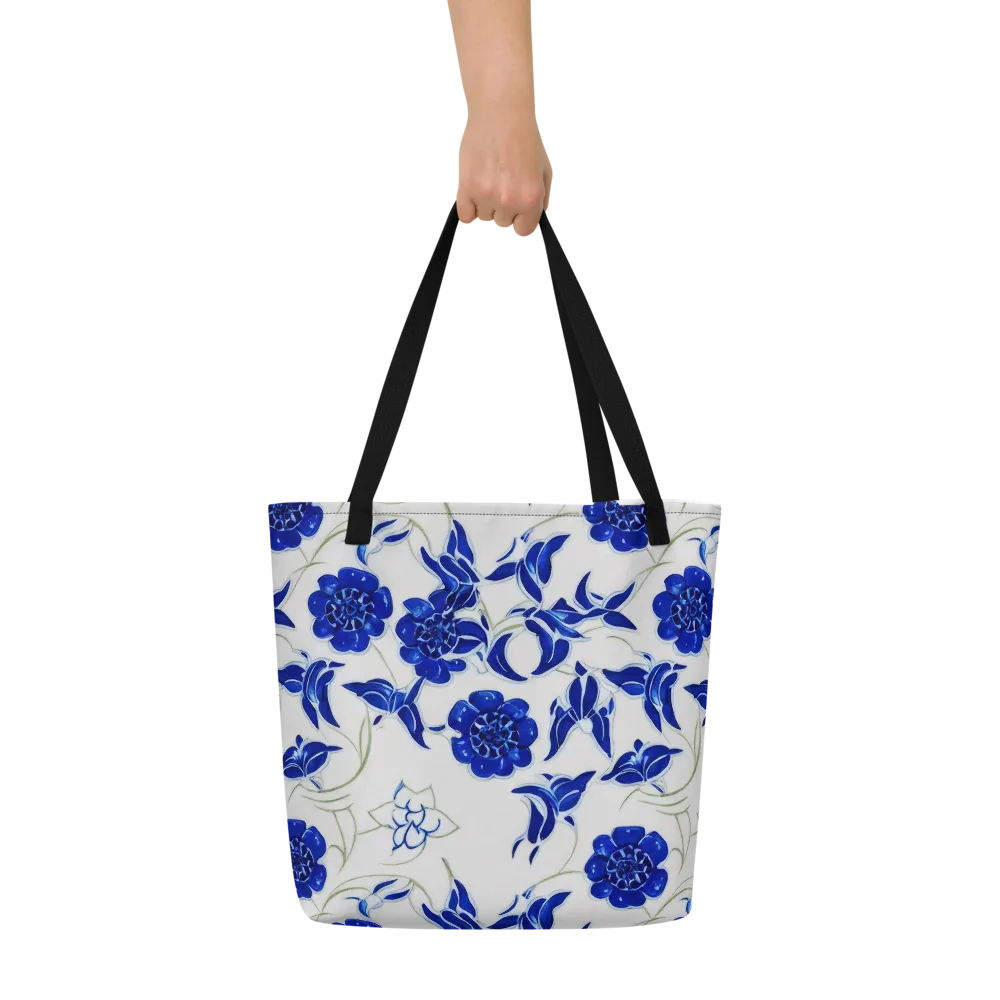 Blue Delft Bloom on Large Tote Bag W/ Pocket — Front