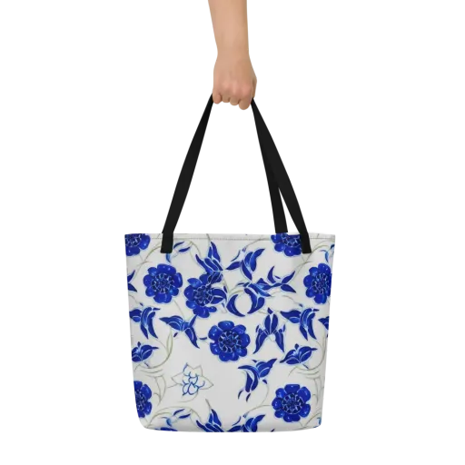 Blue Delft Bloom on a Large Tote Bag W/ Pocket