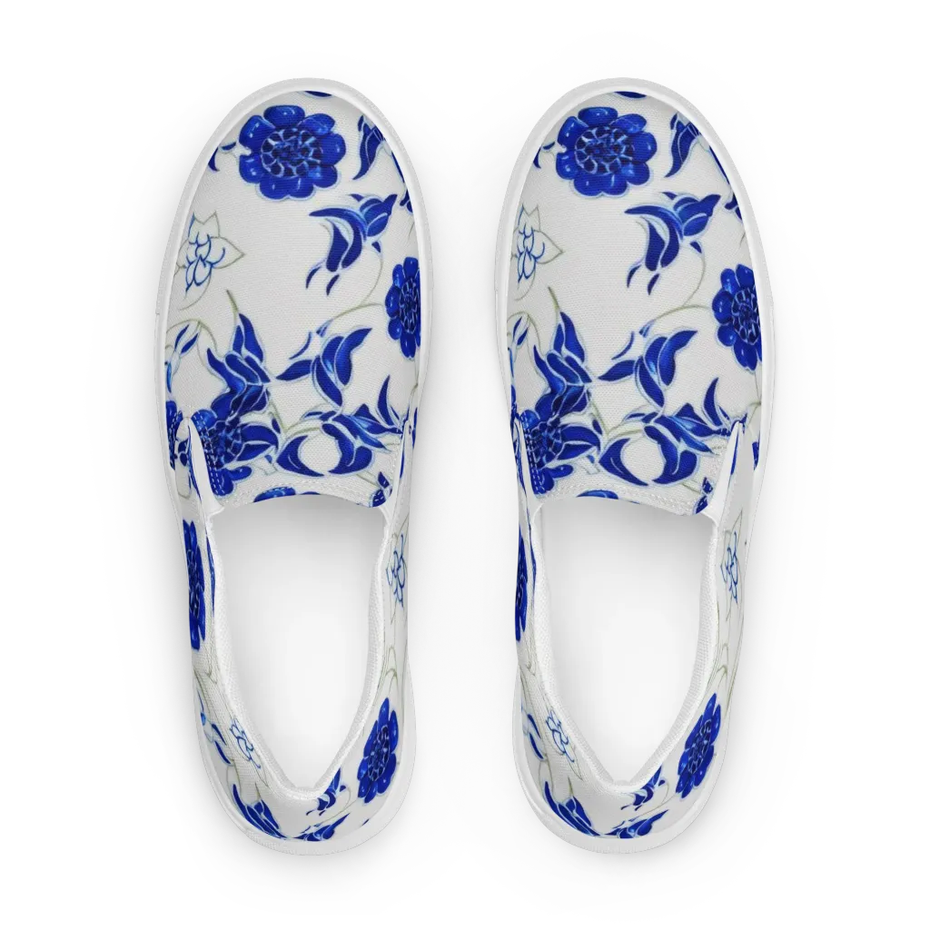 Blue Delft Bloom on Women's Slip-On Canvas Shoes — Front