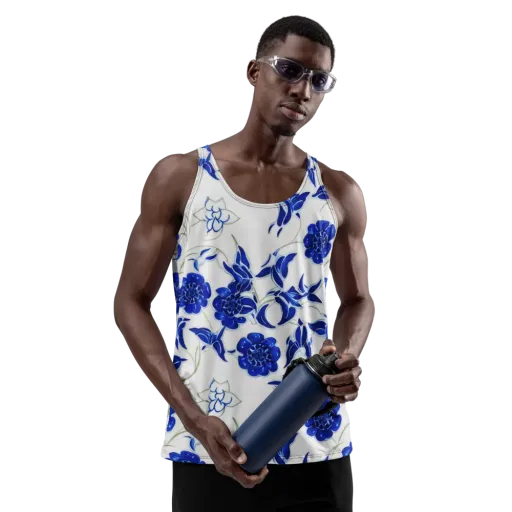 Blue Delft Bloom on a Men's Tank Top
