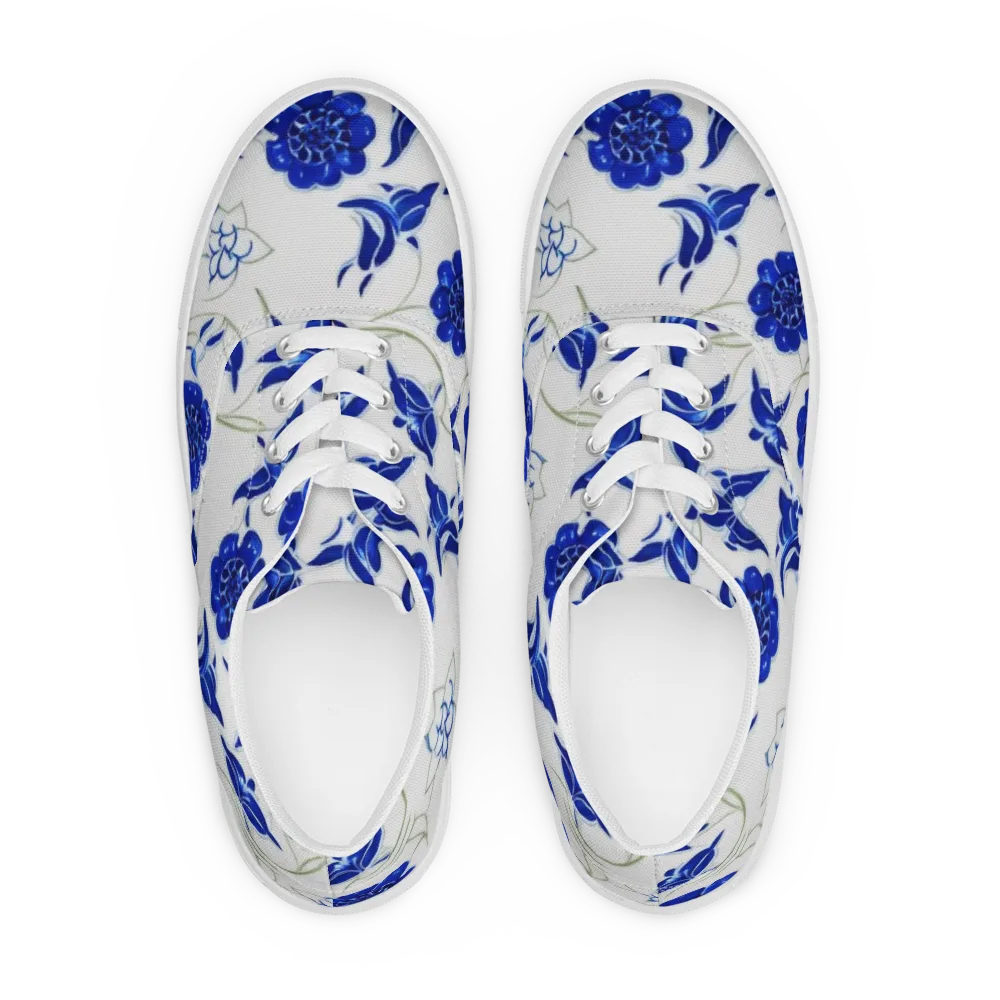 Blue Delft Bloom on Men's Lace-Up Canvas Shoes — Front