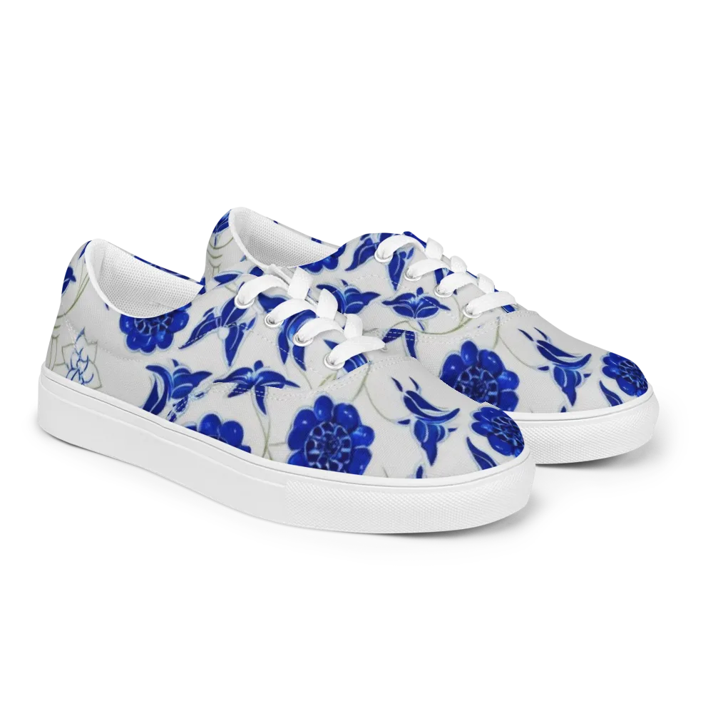 Blue Delft Bloom on Men's Lace-Up Canvas Shoes — Right Front