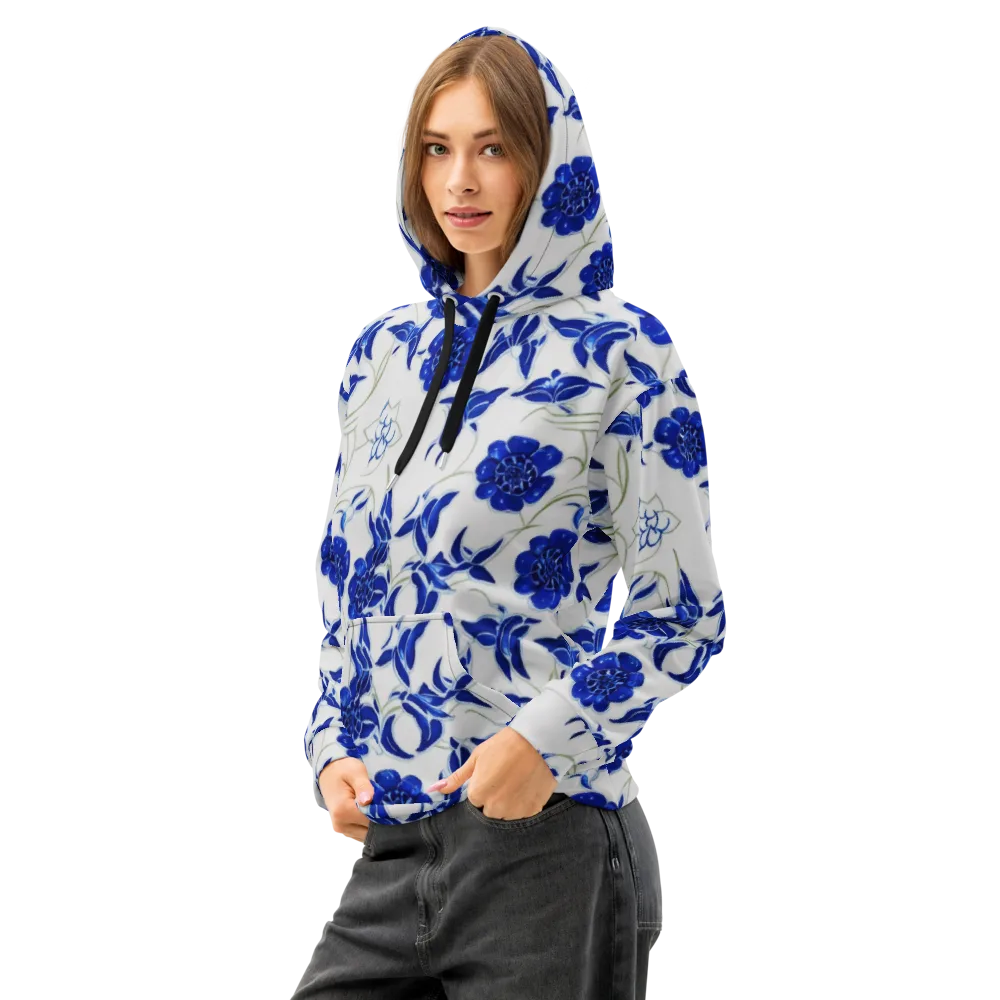 Blue Delft Bloom on Cotton Hoodie — Left Front