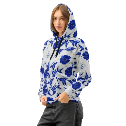 Blue Delft Bloom on a Cotton Hoodie