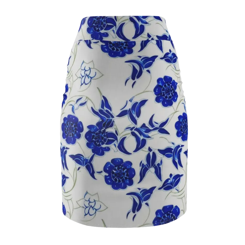 Blue Delft Bloom on Pencil Skirt — Back