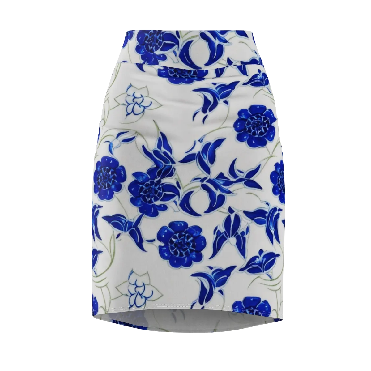 Blue Delft Bloom on Pencil Skirt — Front