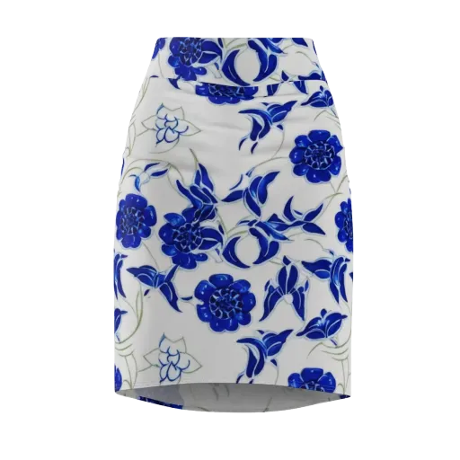 Blue Delft Bloom on a Pencil Skirt