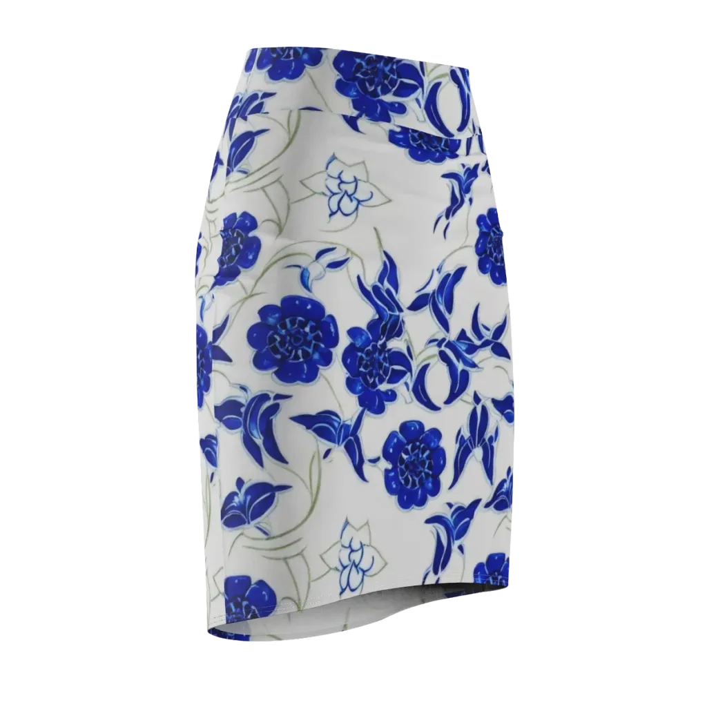 Blue Delft Bloom on Pencil Skirt — Front Side